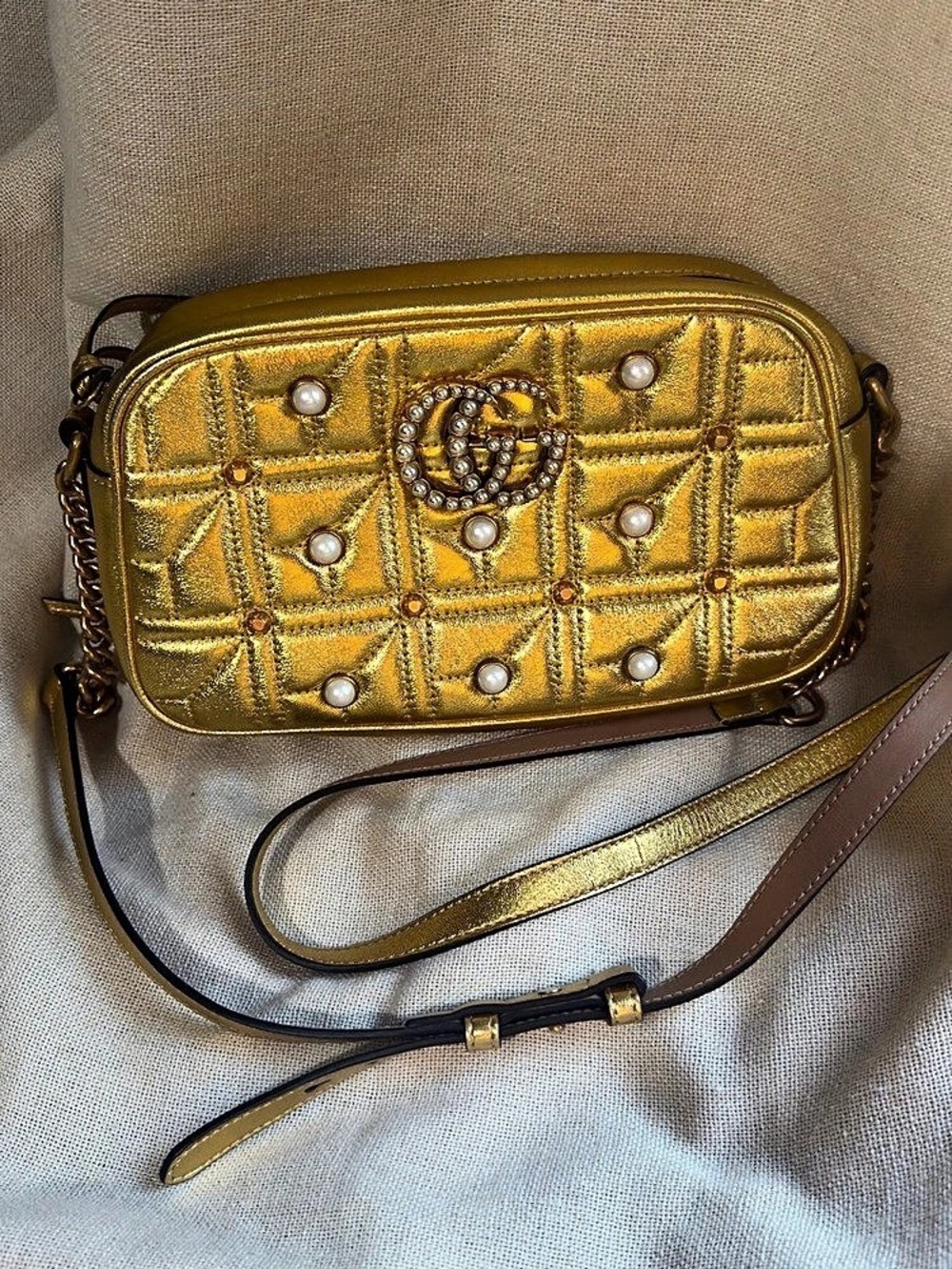 Gucci GG Marmont Faux Pearl Studded Camera Bag Quilted Metallic Leather Small